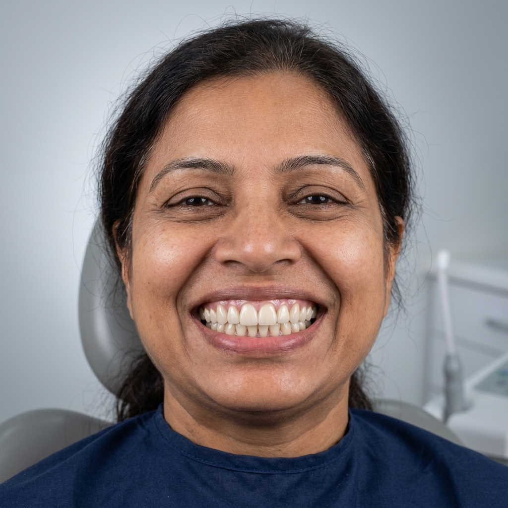 Illustrative visual — full smile restored after multiple dental implants