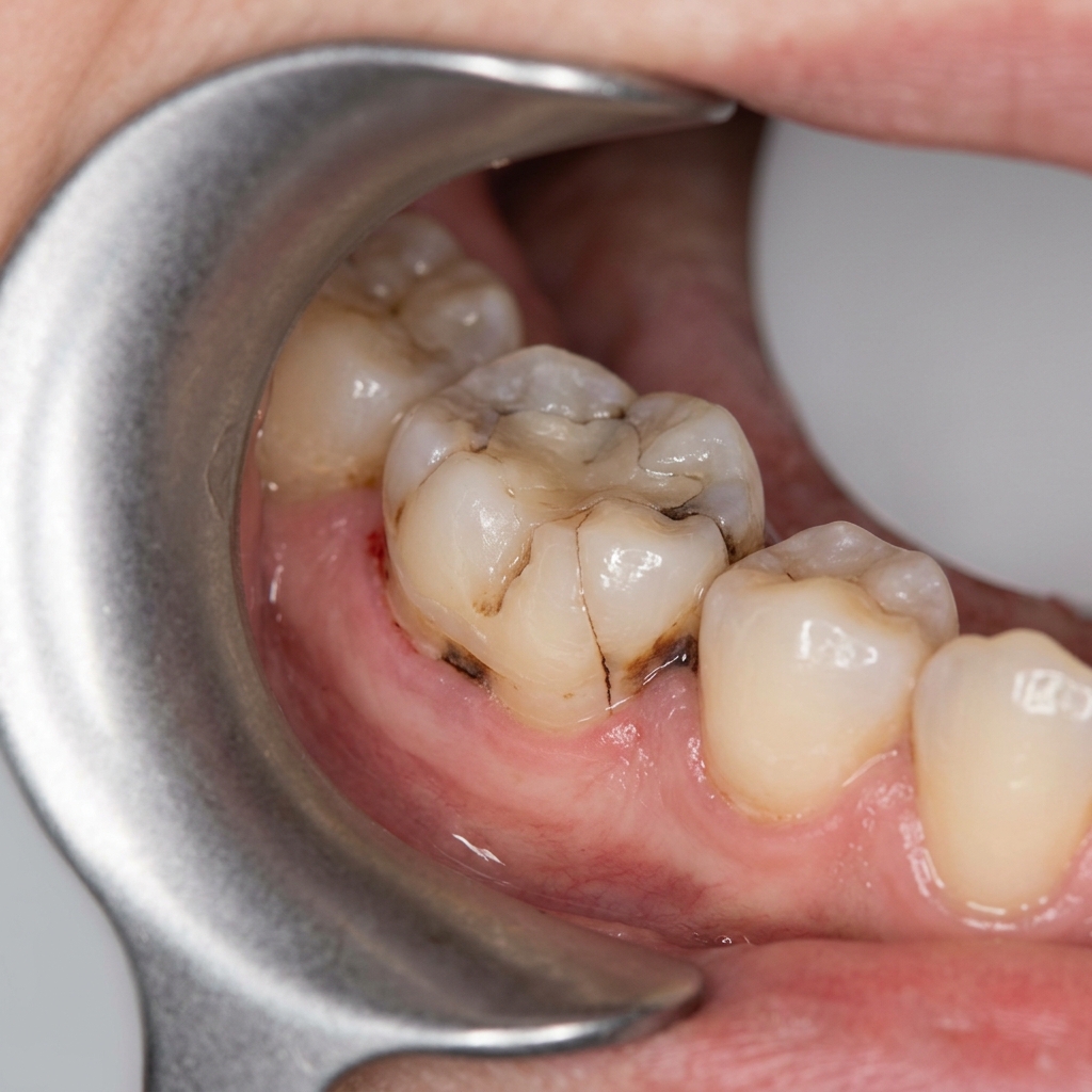 Illustrative visual — damaged tooth before ceramic crown placement